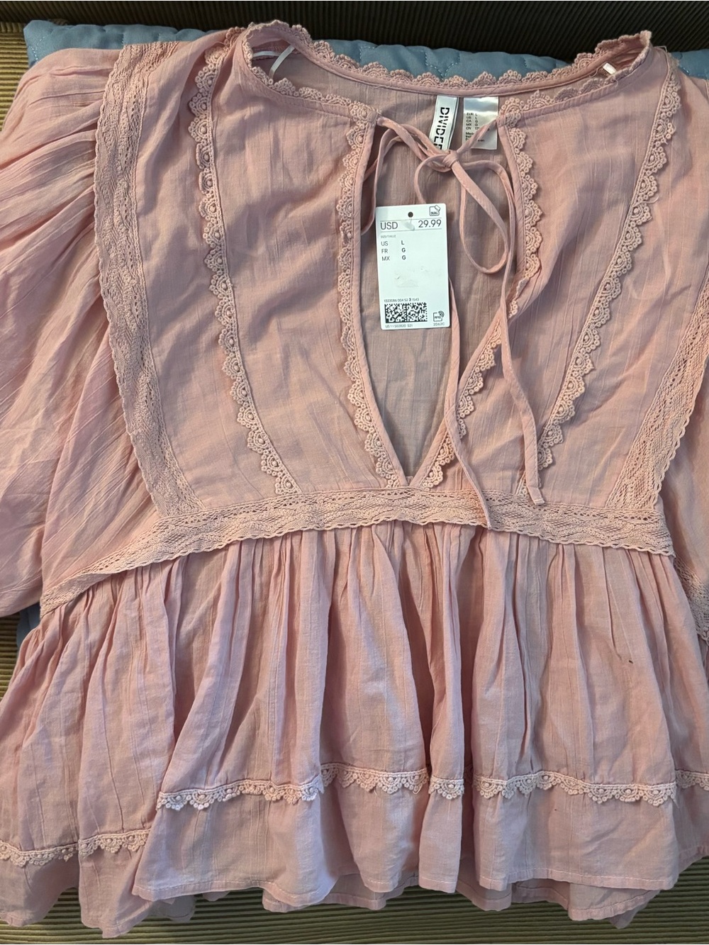 Divided Blush Pink Lace-Trim Peasant Tunic